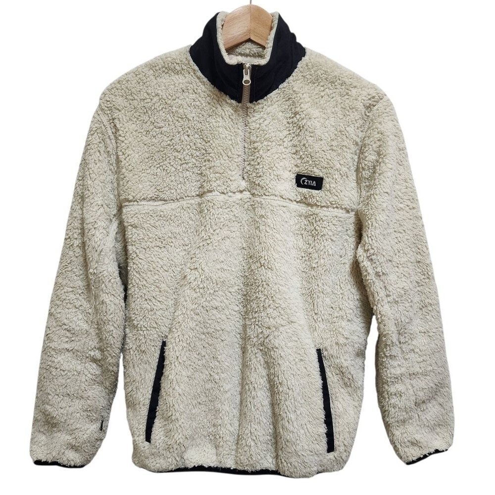 Zyia Fleece Teddy Jacket Womens S Cream 1/4 Zip Long Slv Pockets Soft Outdoor